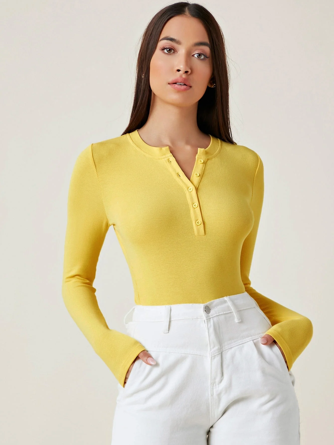 Button Half Placket Rib-knit Tee - Image 9