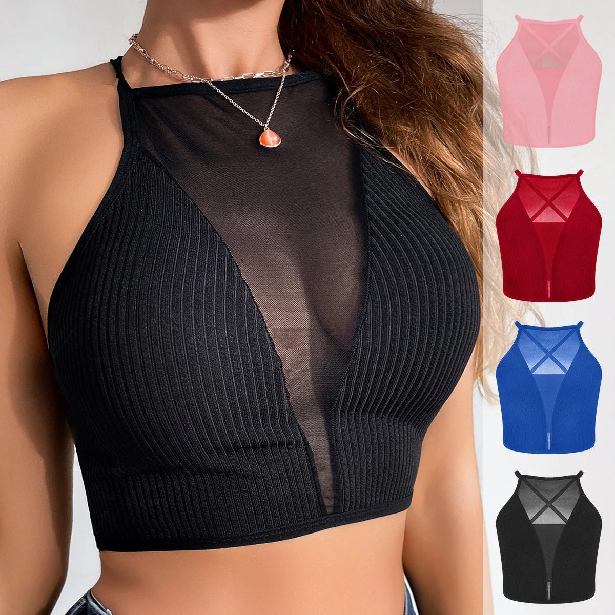 Cami top bra lace splicing halter neck silver ribbon large backless can be worn outside FD - Image 15