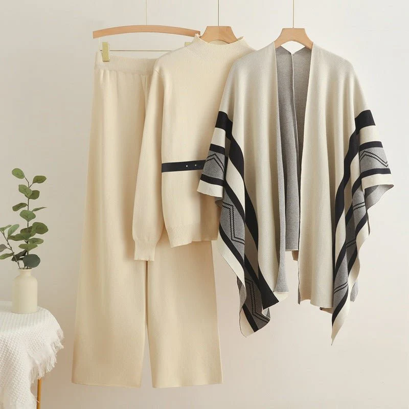 Casual shawl cardigan jacket + turtleneck sweater base + wide-leg pants three pieces set