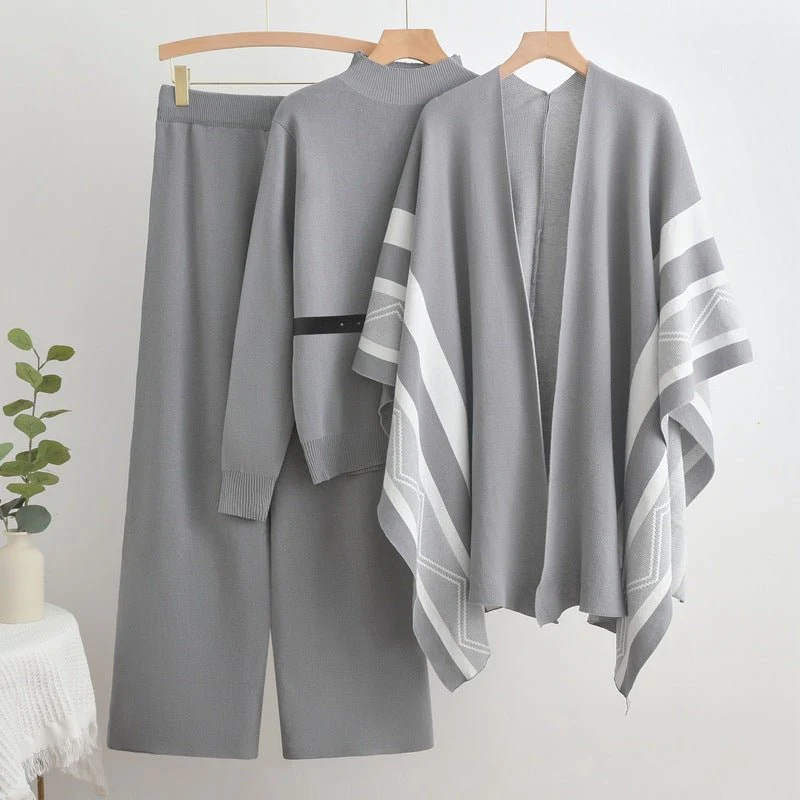 Casual shawl cardigan jacket + turtleneck sweater base + wide-leg pants three pieces set - Image 2