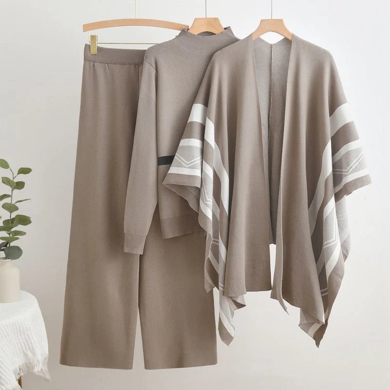Casual shawl cardigan jacket + turtleneck sweater base + wide-leg pants three pieces set - Image 3