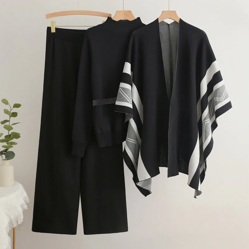 Casual shawl cardigan jacket + turtleneck sweater base + wide-leg pants three pieces set - Image 4