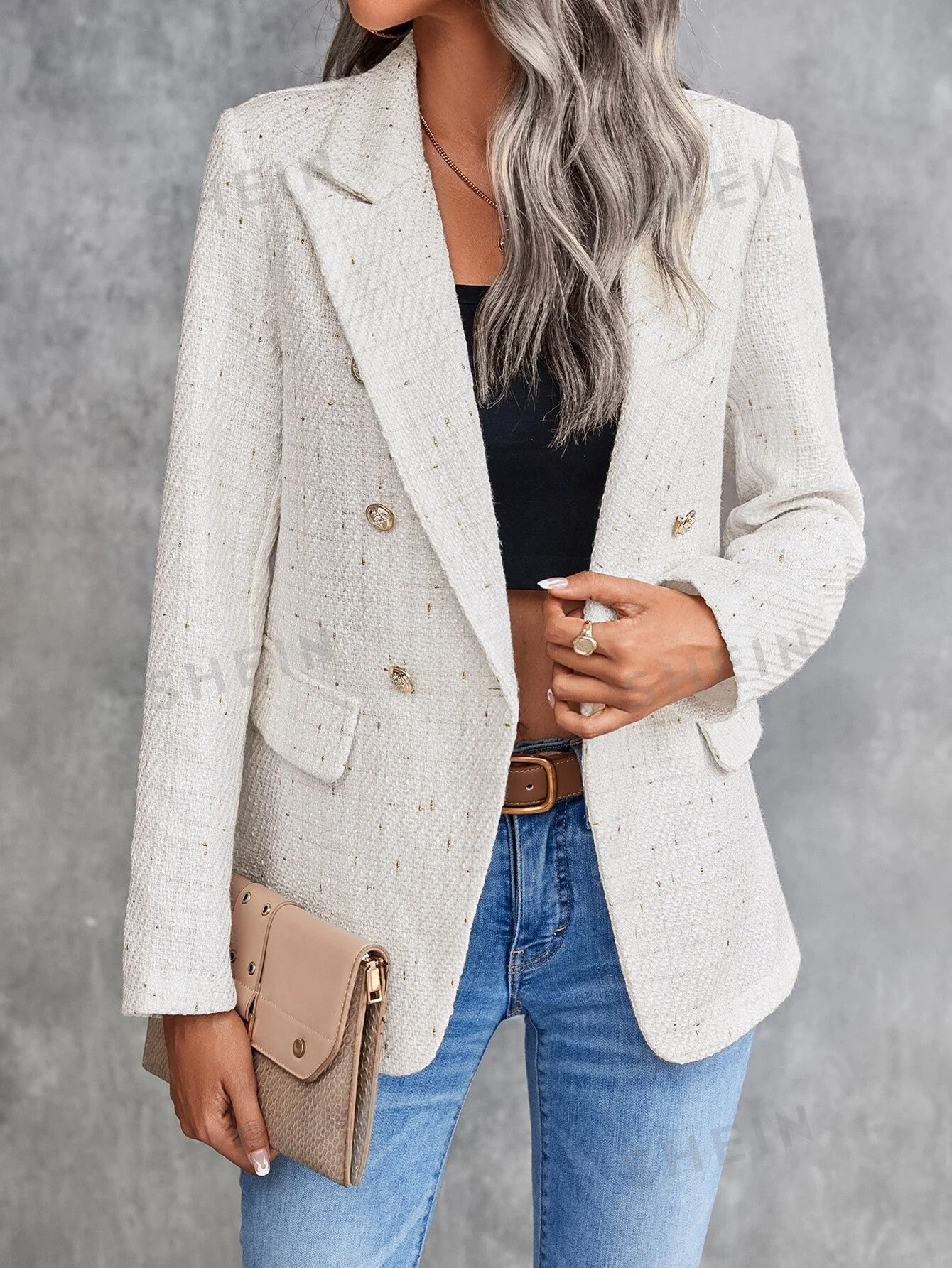 Clasi Lapel Neck Double Breasted Tweed Blazer - Image 3
