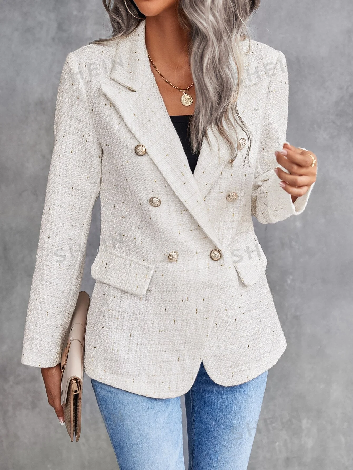 Clasi Lapel Neck Double Breasted Tweed Blazer - Image 5