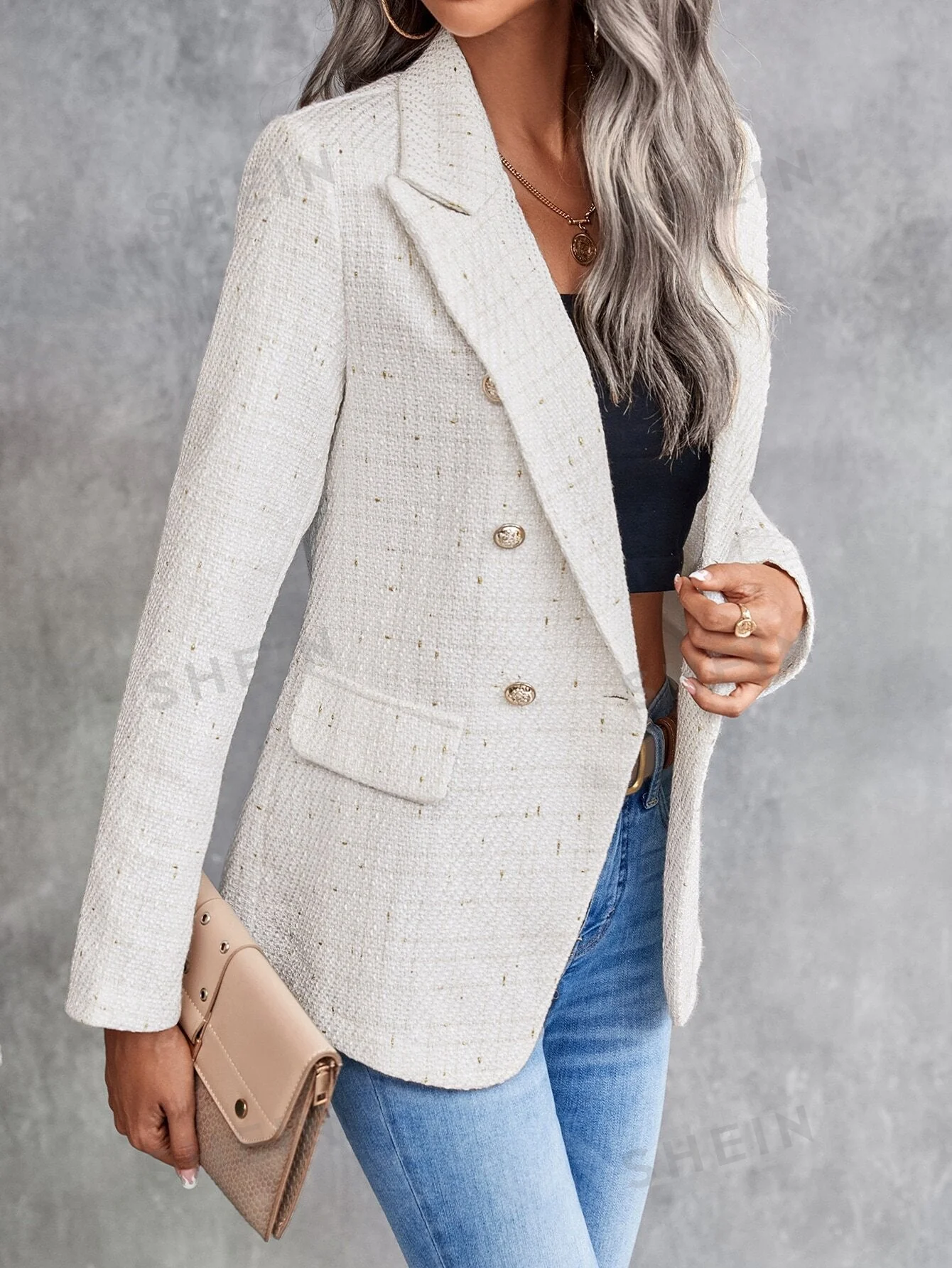 Clasi Lapel Neck Double Breasted Tweed Blazer - Image 6