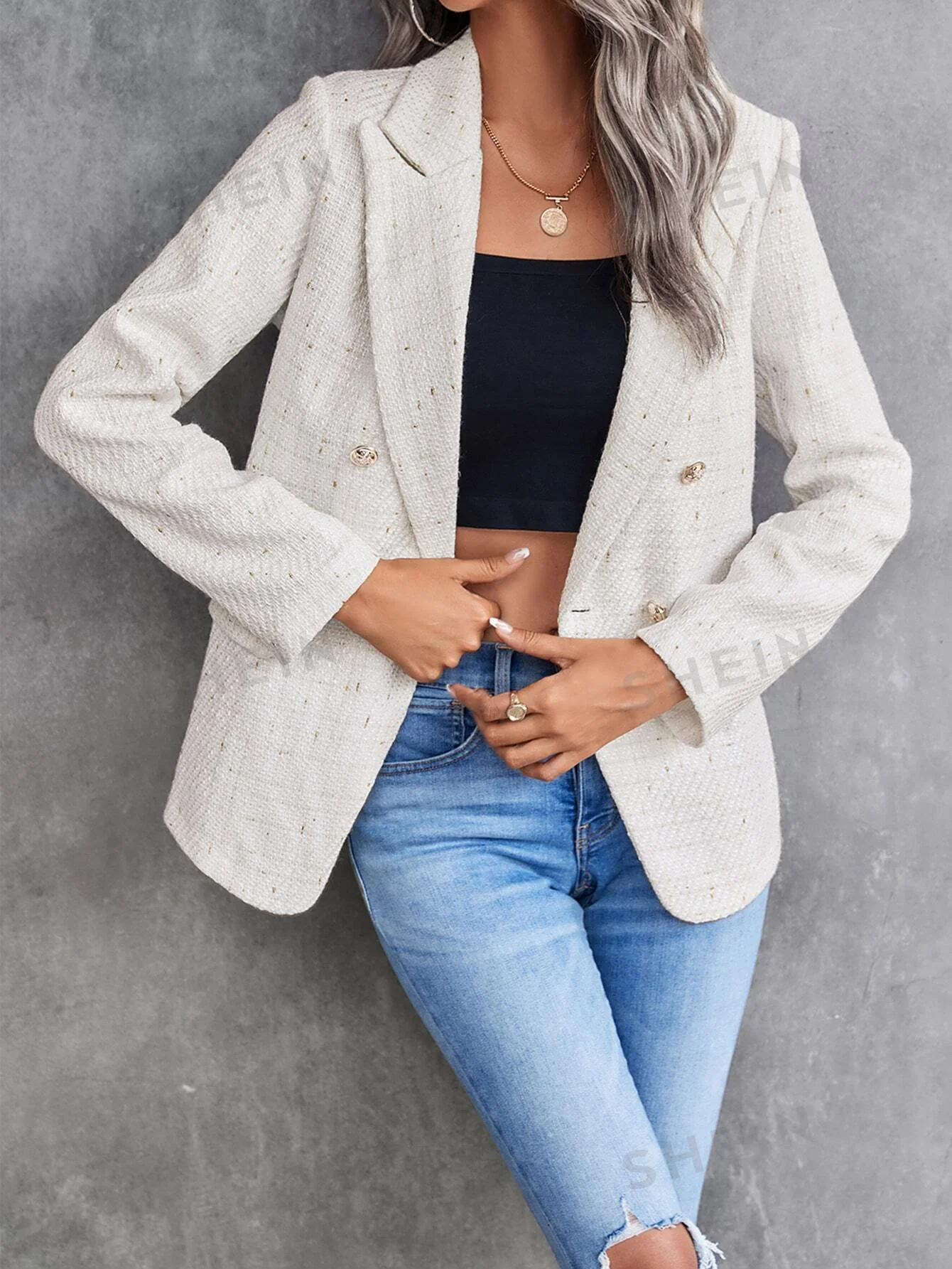 Clasi Lapel Neck Double Breasted Tweed Blazer - Image 7