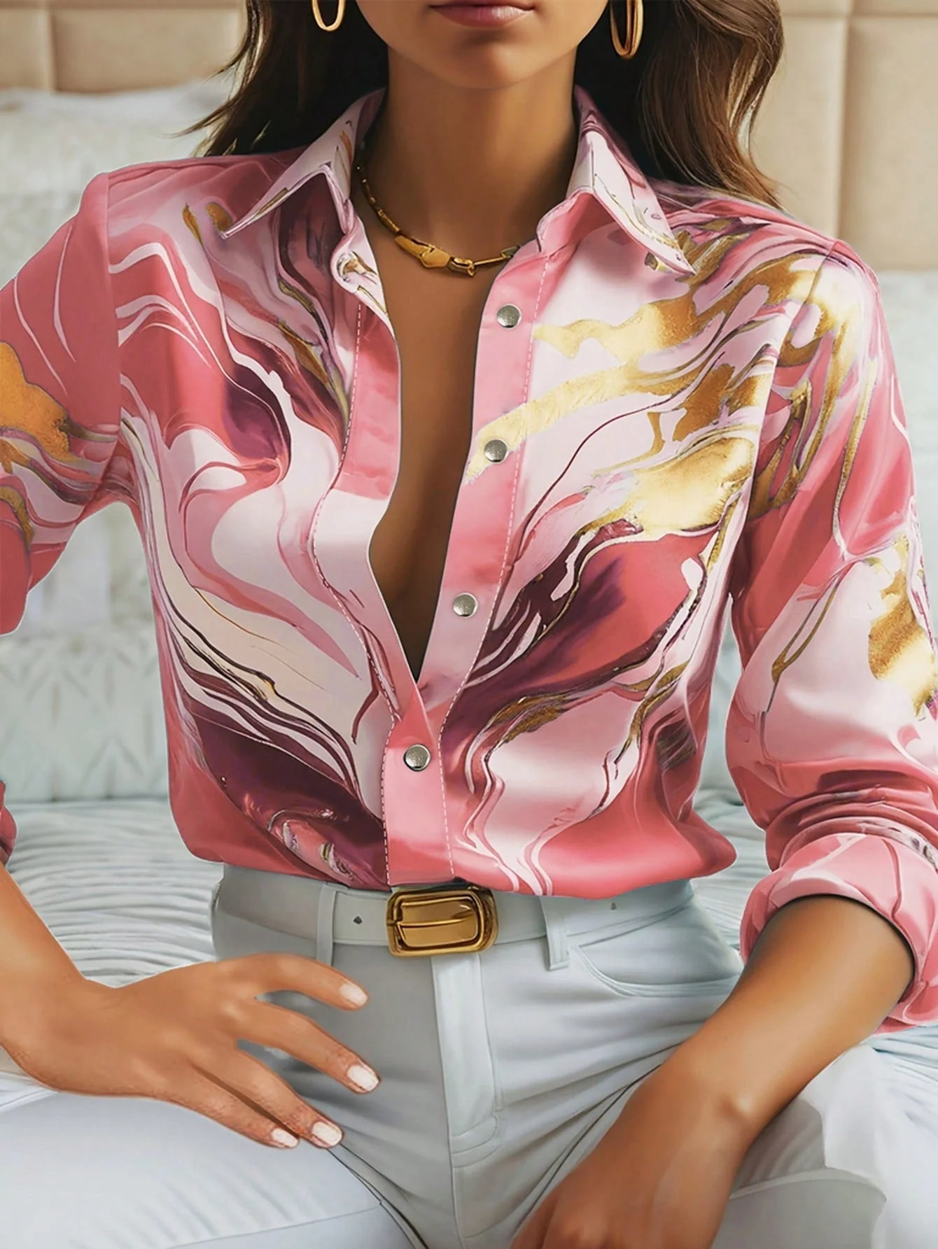 Clasi Marble Print Button Front  Long Sleeve Shirt - Image 10