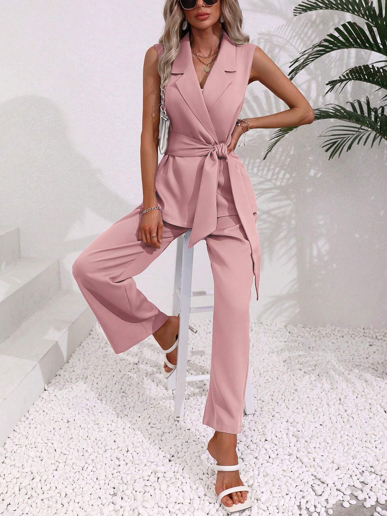 Clasi Solid Belted Vest Blazer & Pants - Image 11
