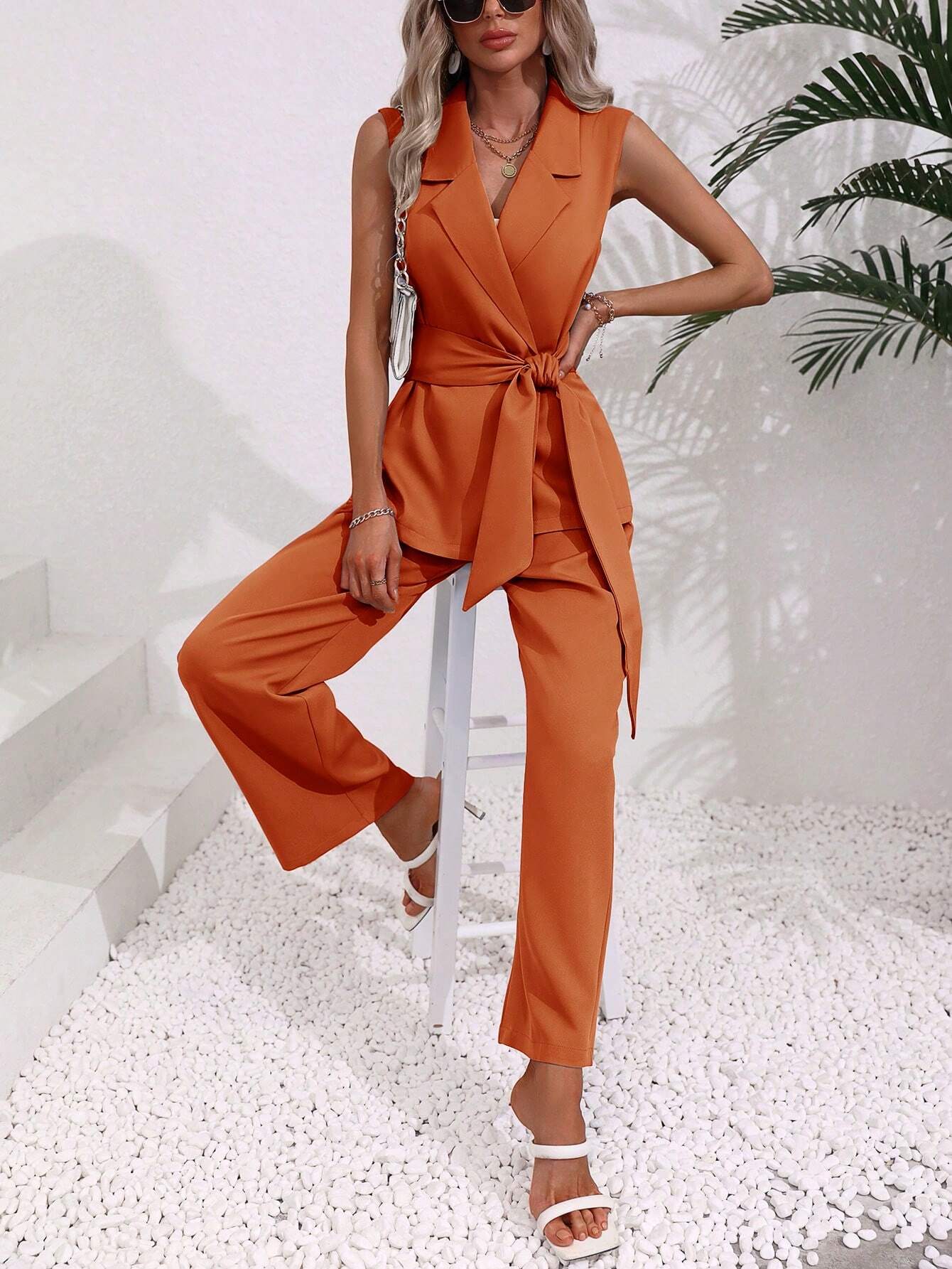 Clasi Solid Belted Vest Blazer & Pants - Image 12