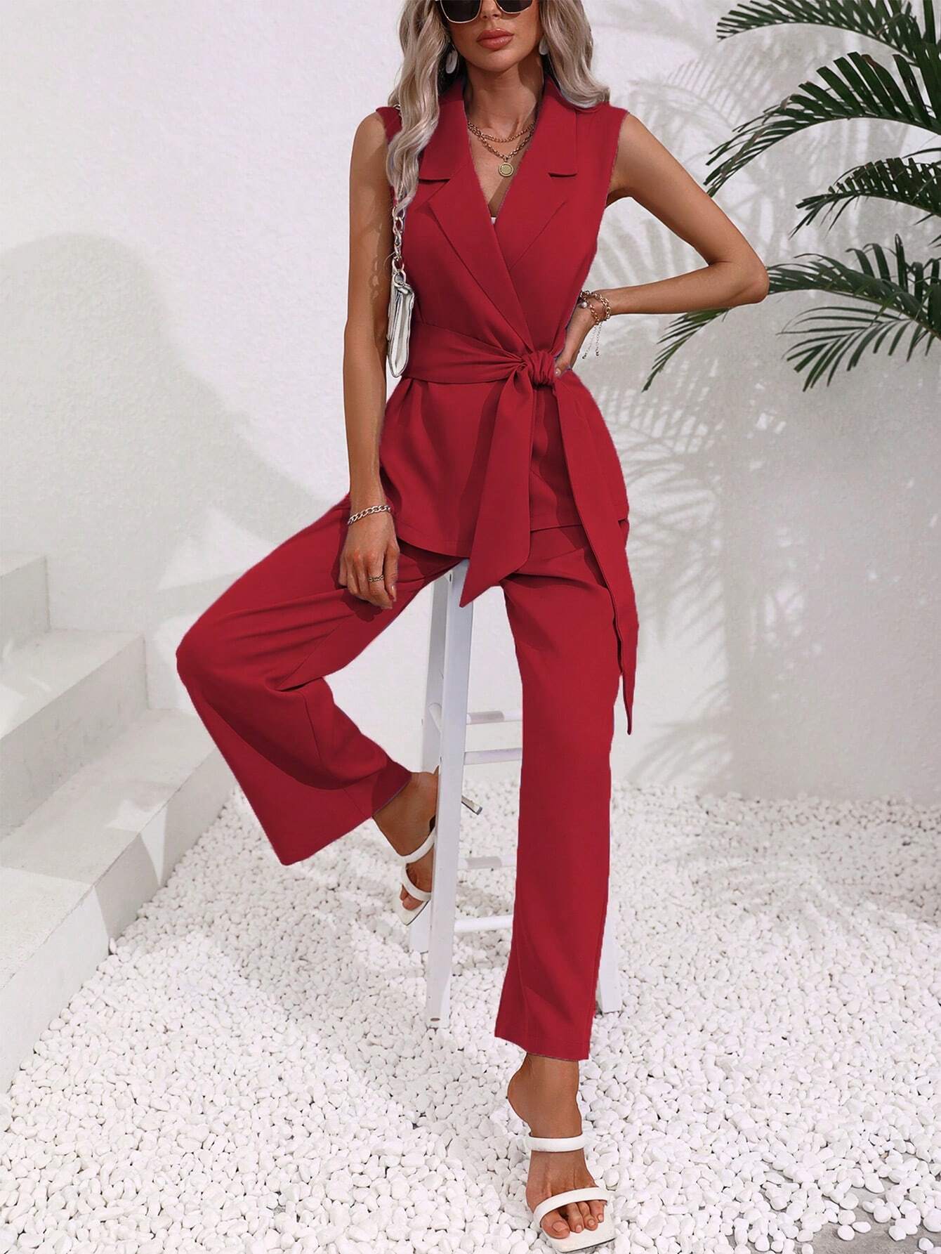 Clasi Solid Belted Vest Blazer & Pants - Image 13