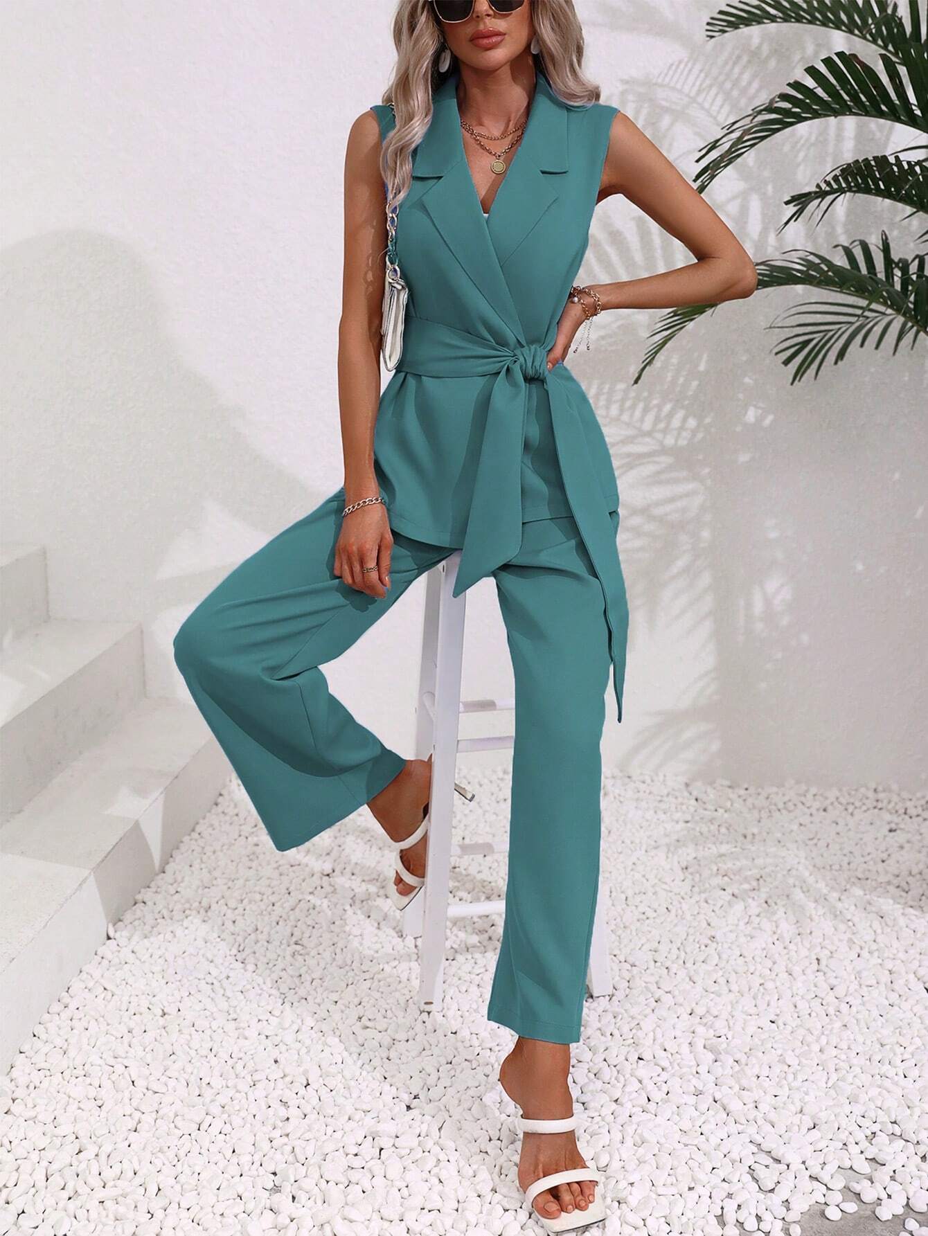 Clasi Solid Belted Vest Blazer & Pants - Image 14