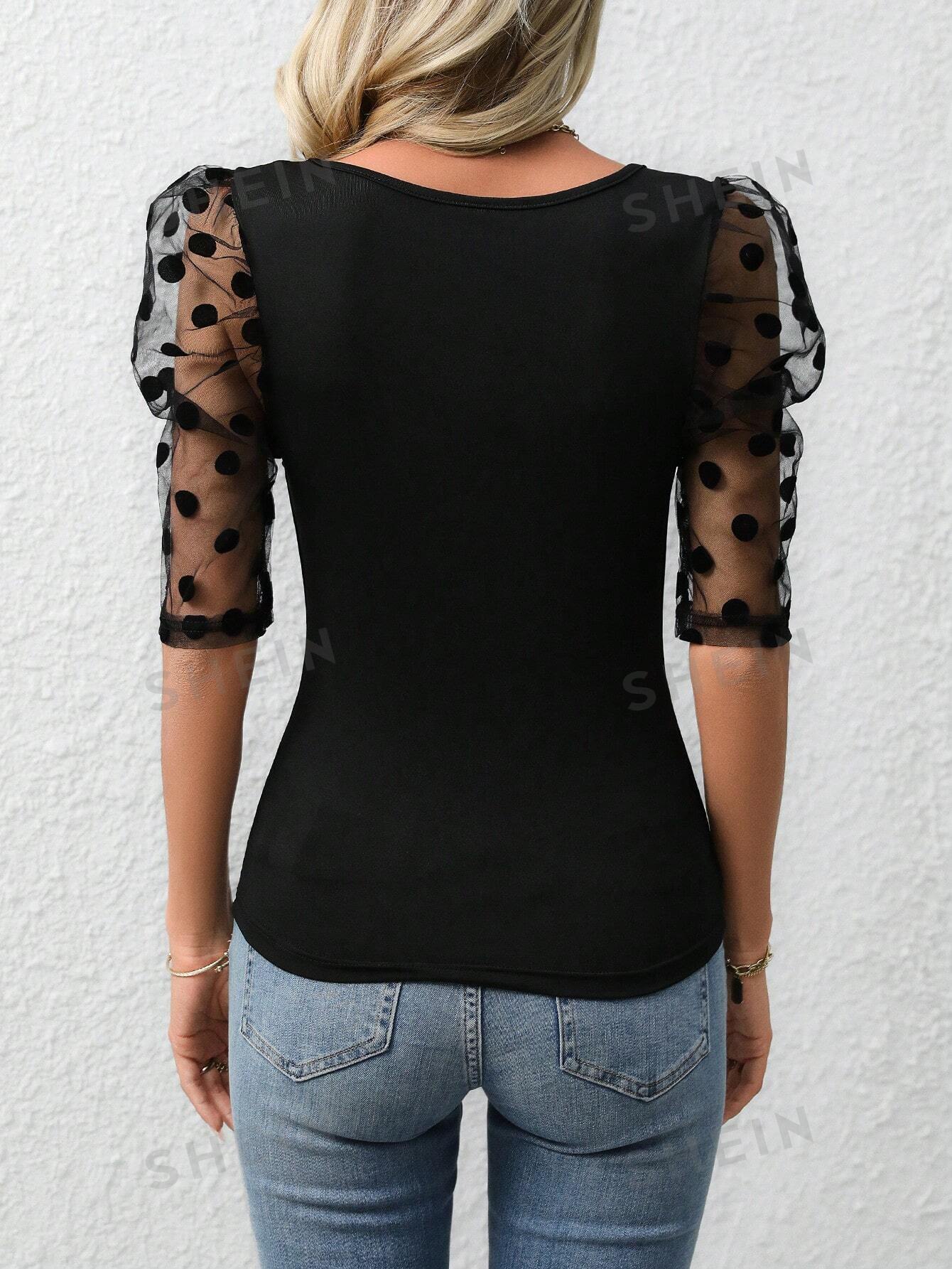 Clasi Women'S Spliced Polka Dot Mesh Puff Sleeve Top - Image 3