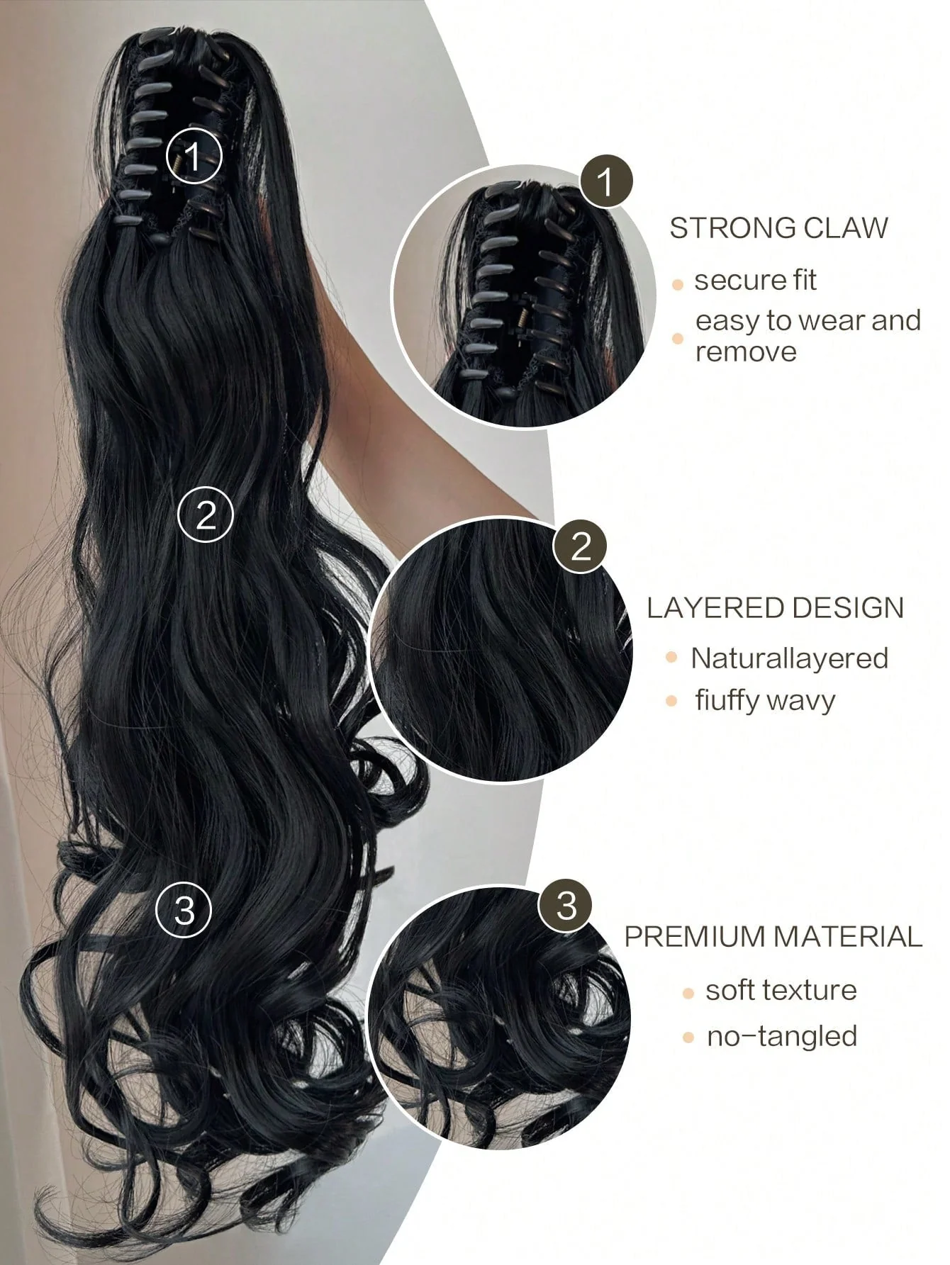 Claw Ponytail Extension 20 Inch Ombre Natural Wave Wavy Clip in Hair Extensions Soft Natural Looking Heat Resistant Fiber Synthetic Hairpiece For Women Daily Use - Image 4