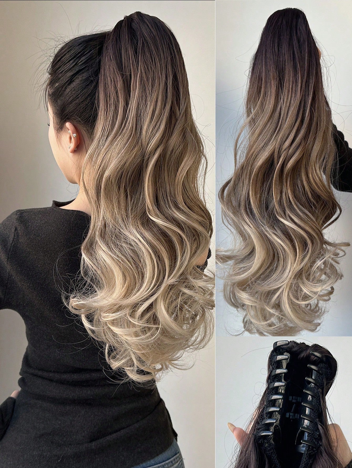 Claw Ponytail Extension 20 Inch Ombre Natural Wave Wavy Clip in Hair Extensions Soft Natural Looking Heat Resistant Fiber Synthetic Hairpiece For Women Daily Use FD