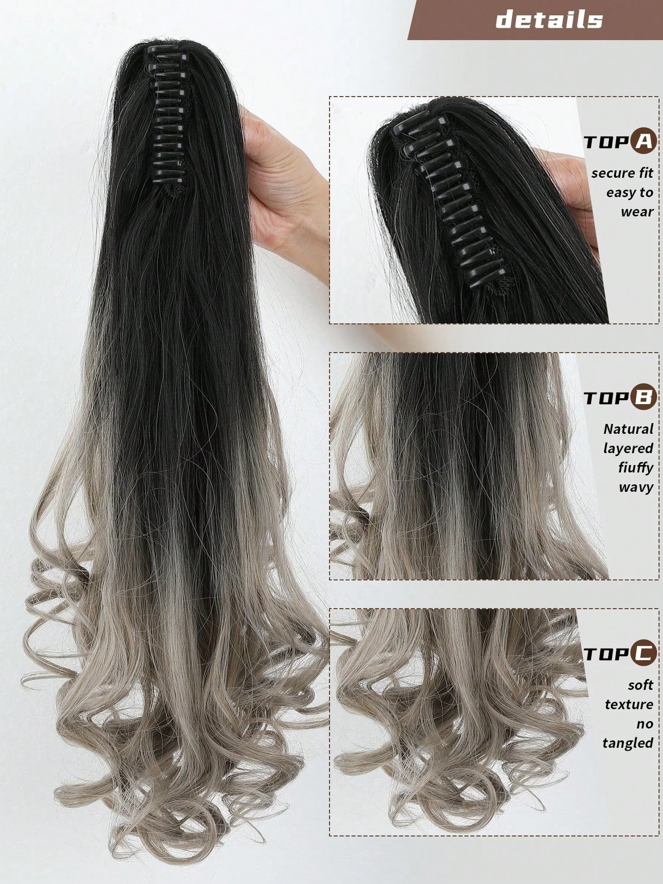 Claw Ponytail Extension 20 Inch Ombre Natural Wave Wavy Clip in Hair Extensions Soft Natural Looking Heat Resistant Fiber Synthetic Hairpiece For Women Daily Use FD - Image 20