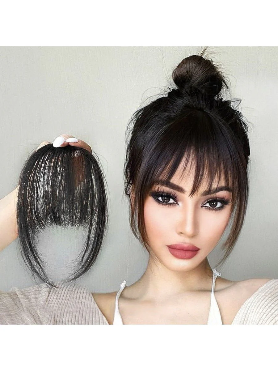Clip In Bangs Front Neat Black Brown Bangs Hairpiece Synthetic Fake False Hair Piece Bangs Hairpiece Clip In Hair Extensions For Women Heat Resistant FD