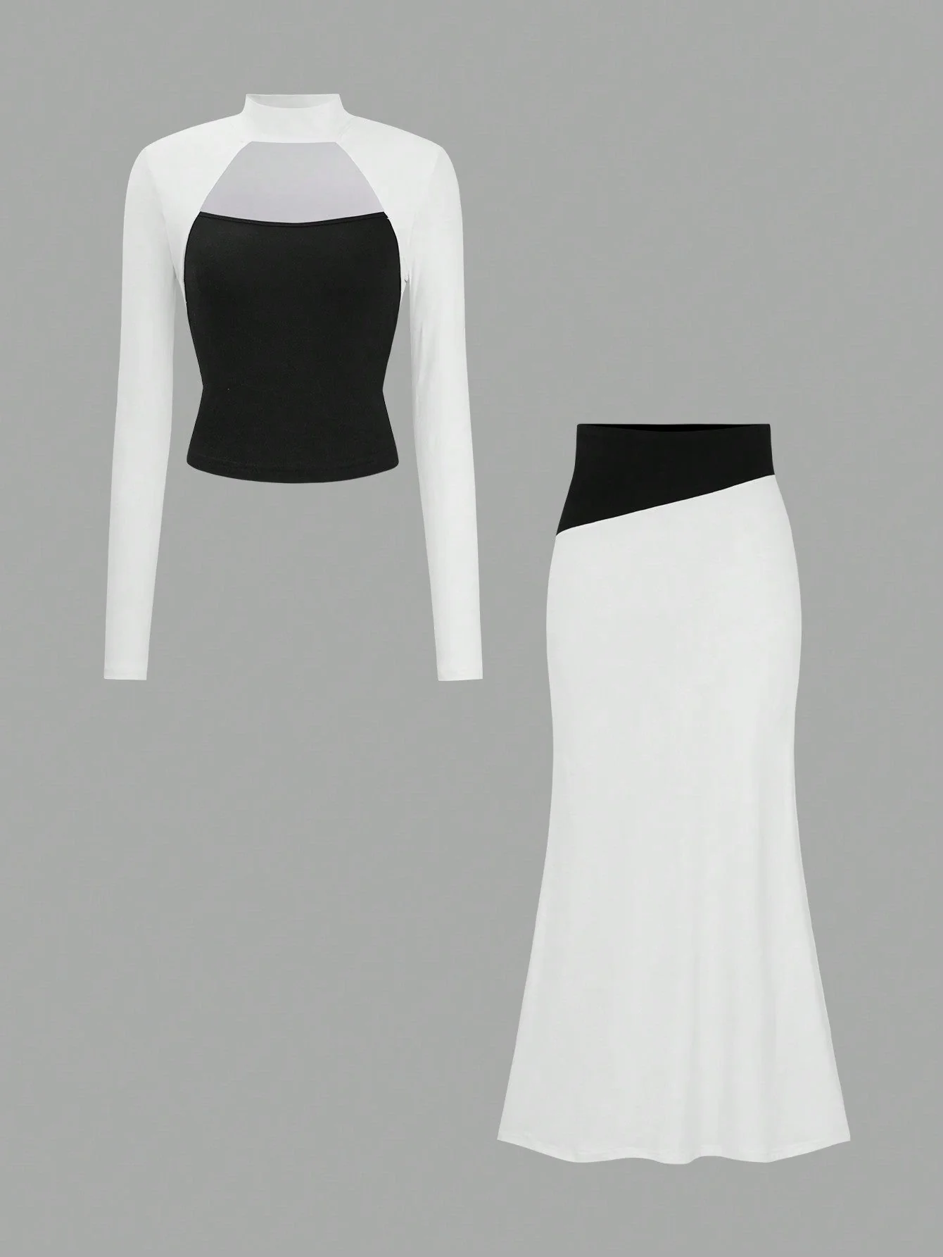Color Blocking Design Lace-Up Halter Top & High Waisted Maxi Skirt Set,Elegant & Slimming