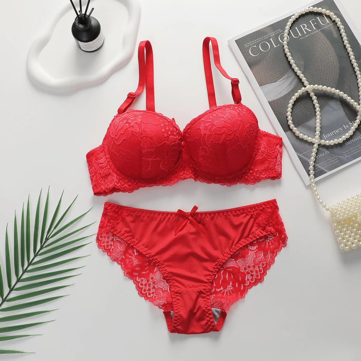 Comfortable gathered steel ring adjustable lace panties bra FD - Image 4