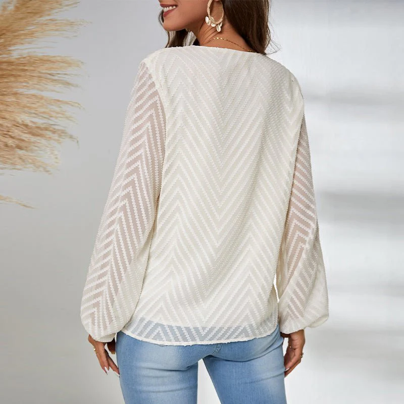 Commuting wind semi-transparent long-sleeved shirt loose jacquard pullover shirt women's clothing - Image 3