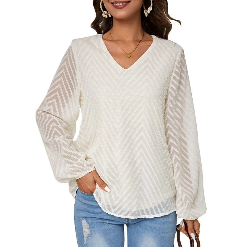 Commuting wind semi-transparent long-sleeved shirt loose jacquard pullover shirt women's clothing - Image 5