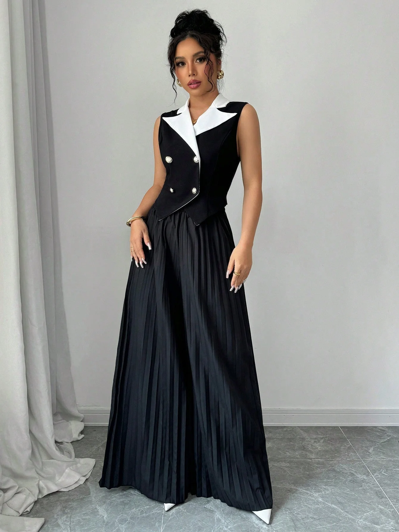 Contrast Color Blazer Lapel Double-Breasted Pleated Elegant Romantic Women's Suit Set