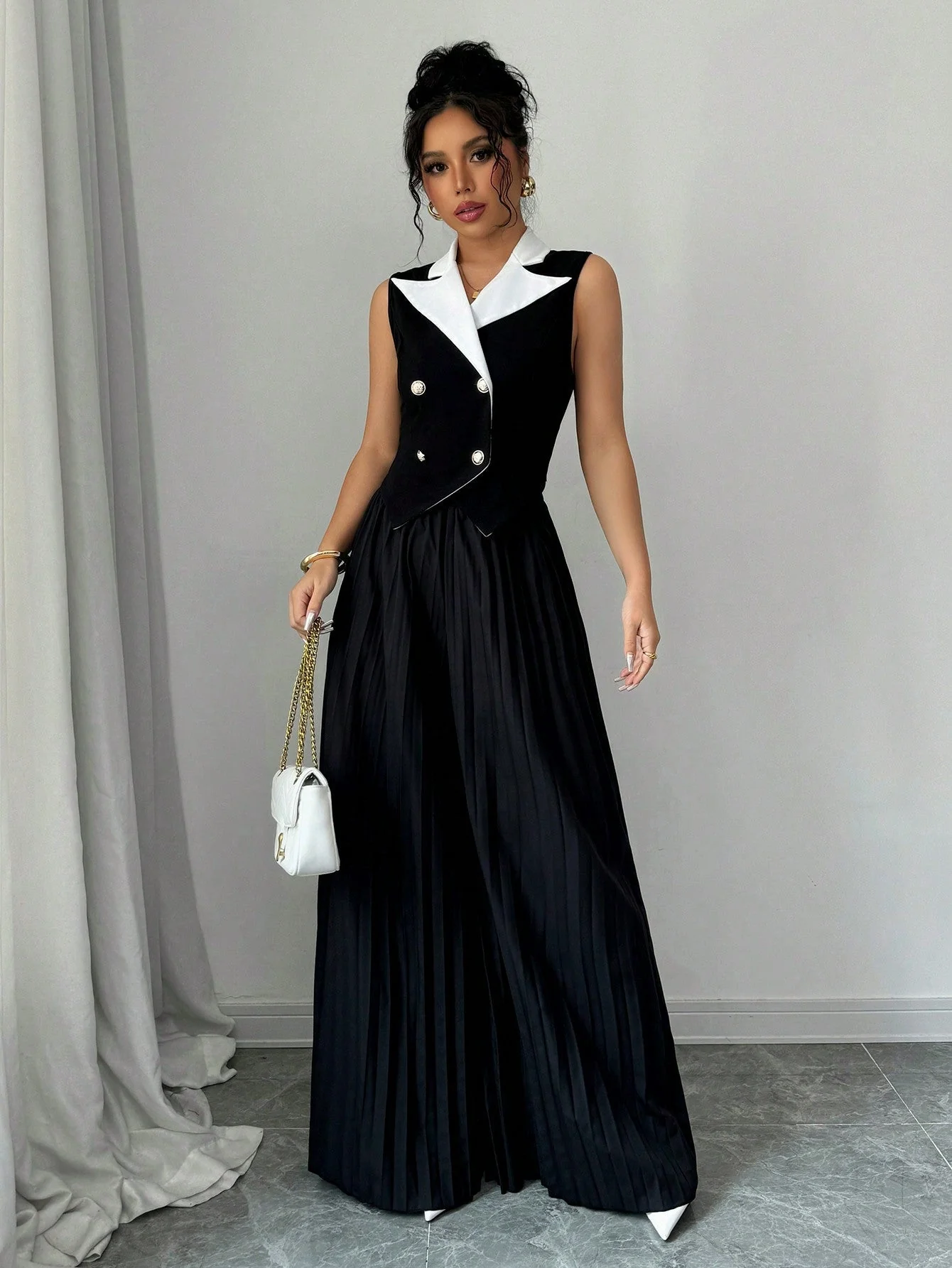 Contrast Color Blazer Lapel Double-Breasted Pleated Elegant Romantic Women's Suit Set - Image 6