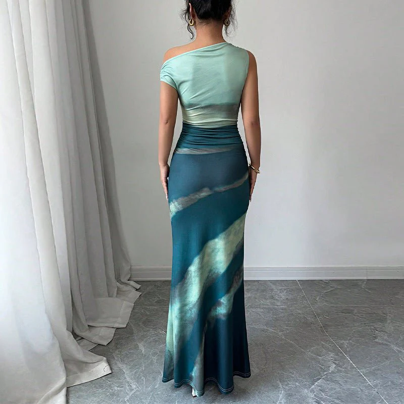 Contrasting color slim dress slanted shoulder dress FD - Image 3