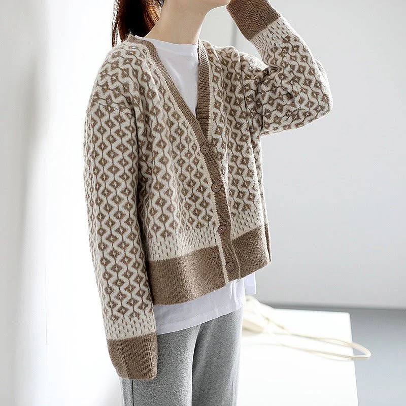 Cozy Thick V-Neck Cardigan Sweater – Geometric Pattern, Japanese & Korean Casual Chic FD - Image 3