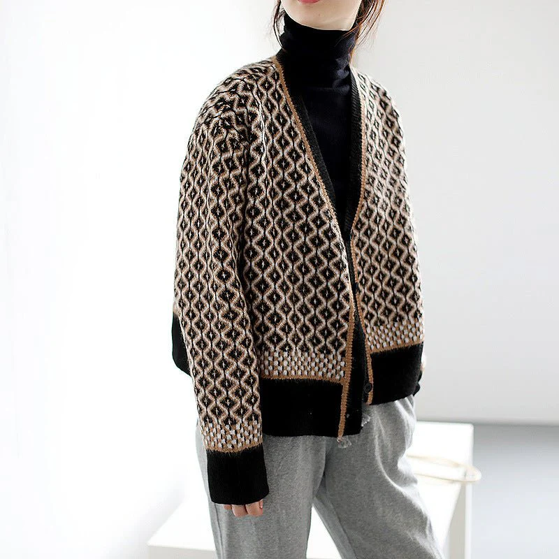 Cozy Thick V-Neck Cardigan Sweater – Geometric Pattern, Japanese & Korean Casual Chic FD - Image 4
