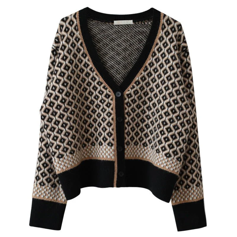 Cozy Thick V-Neck Cardigan Sweater – Geometric Pattern, Japanese & Korean Casual Chic FD - Image 5