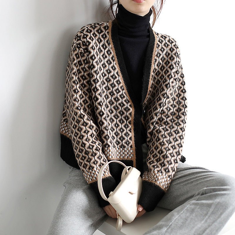 Cozy Thick V-Neck Cardigan Sweater – Geometric Pattern, Japanese & Korean Casual Chic FD - Image 7