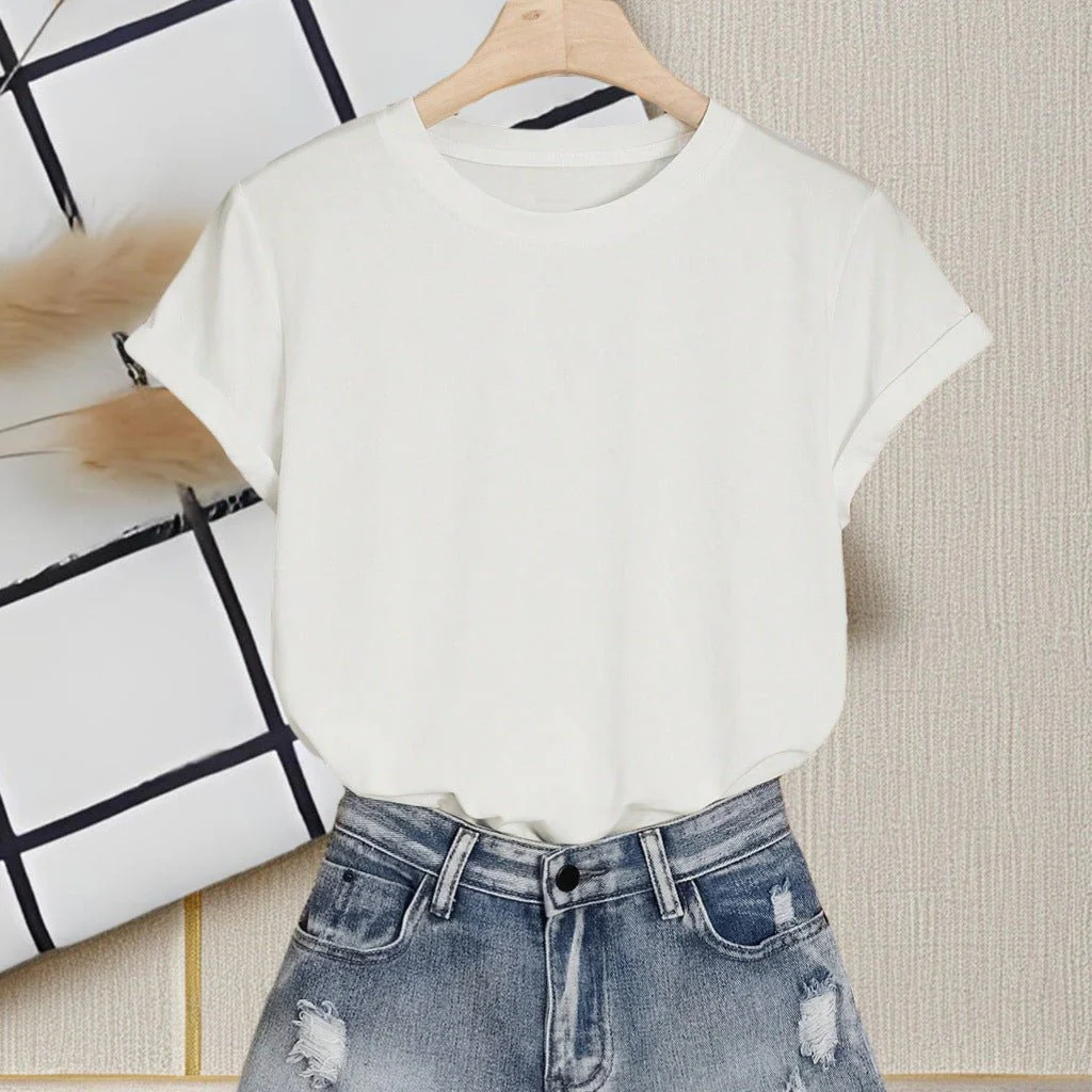 Crew neck t-shirt women's short-sleeved summer 2025 solid color new short-sleeved cotton-containing t-shirt casual versatile top FD - Image 2