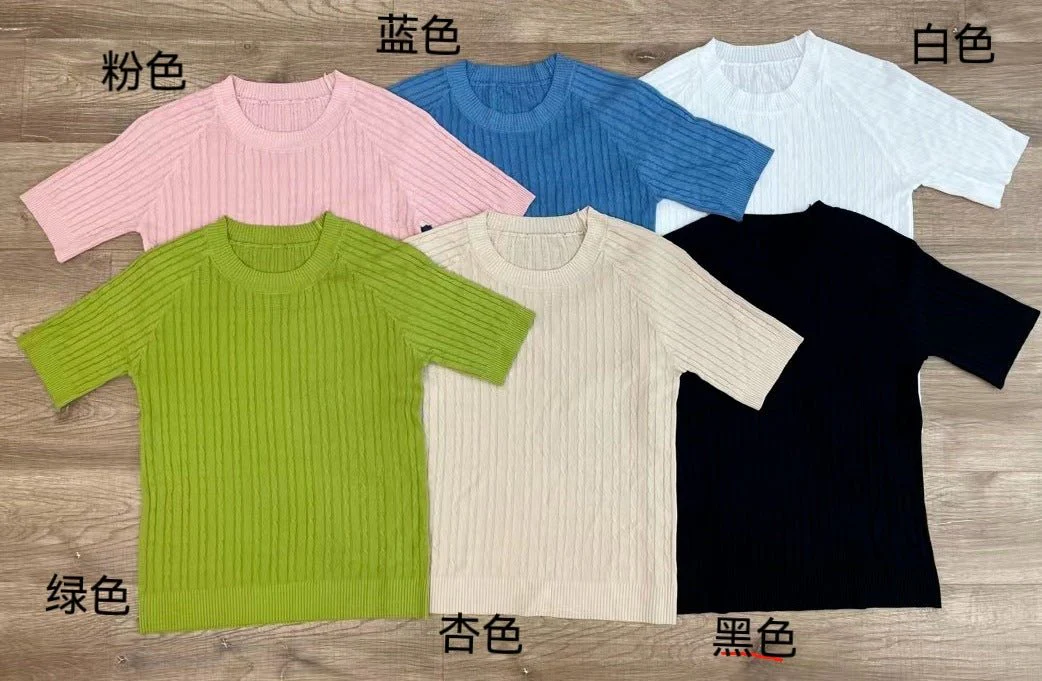 Curved bead ice silk knitted sweater slim top summer thin French crew neck high-end twisted texture t-shirt women's clothing - Image 11