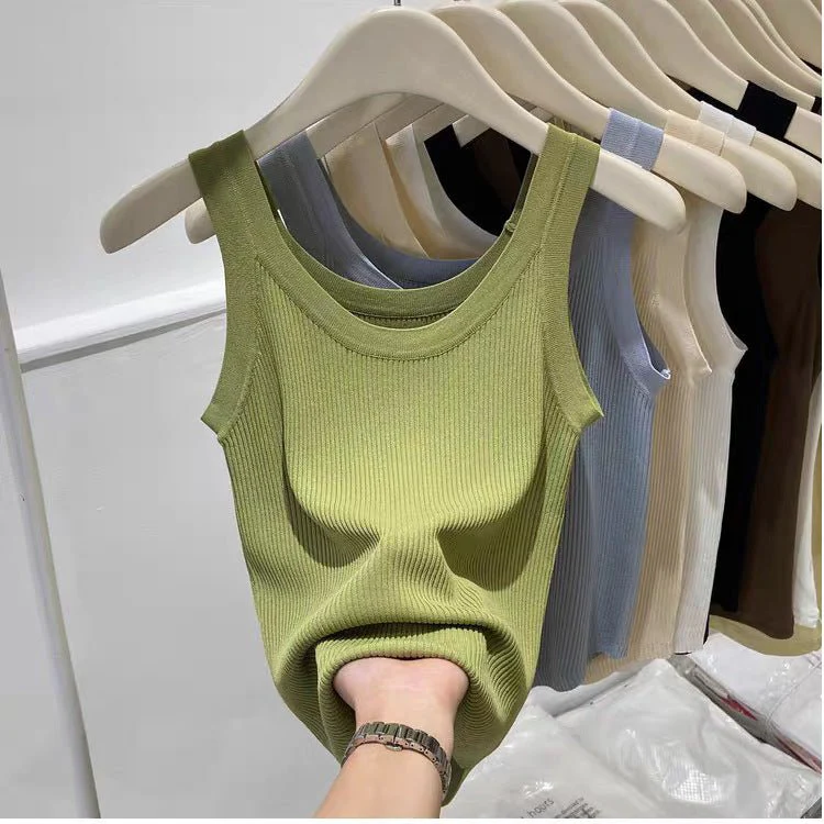 Curved bead U-neck irregular small suspender vest women's inner ice silk knitted bottoming shirt slim solid color top summer tide - Image 3