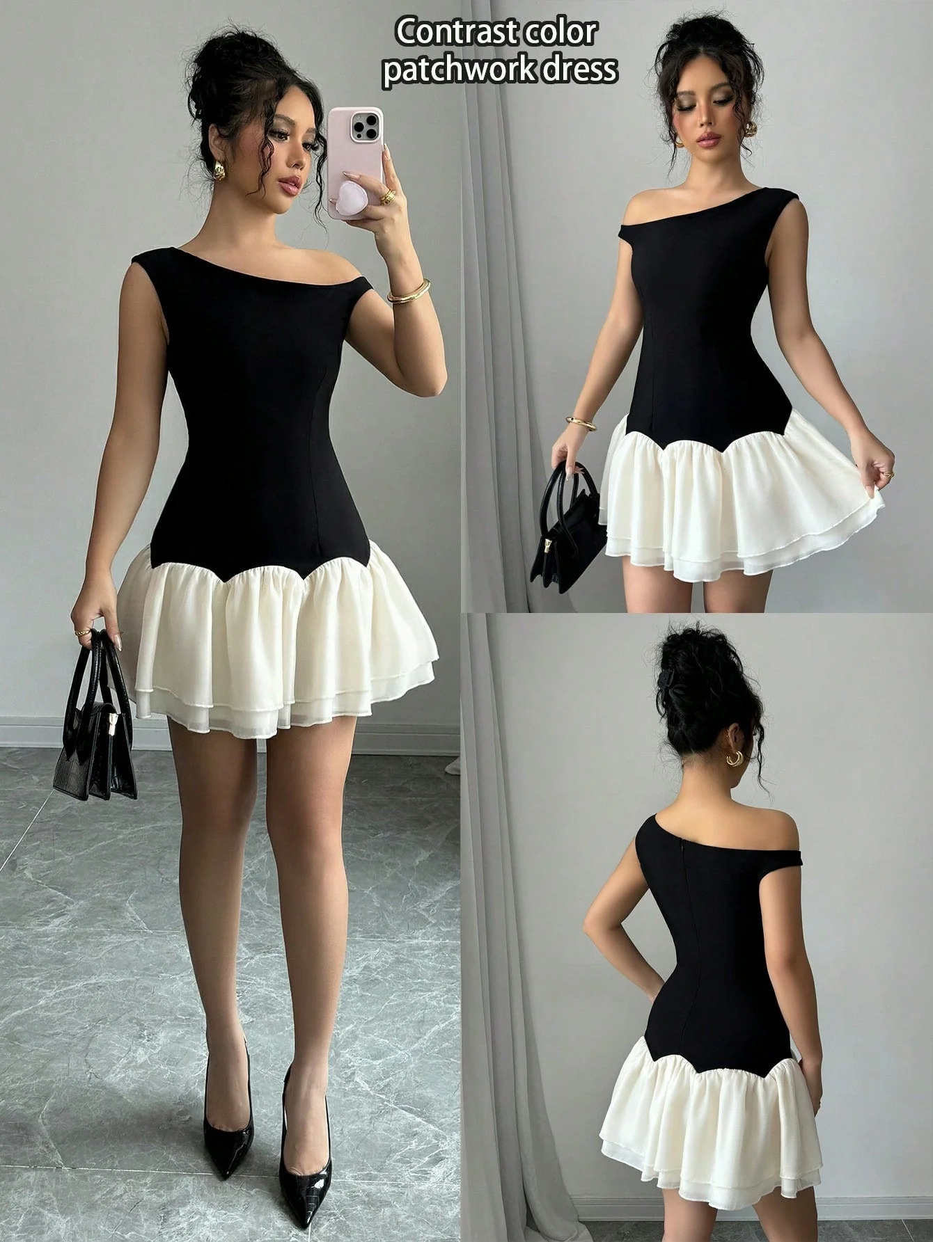 Dark And Light Color Block Woven Twill Splicing Organza Design Sleeveless Asymmetric Off-Shoulder New Women's Black Short Dress - Image 4