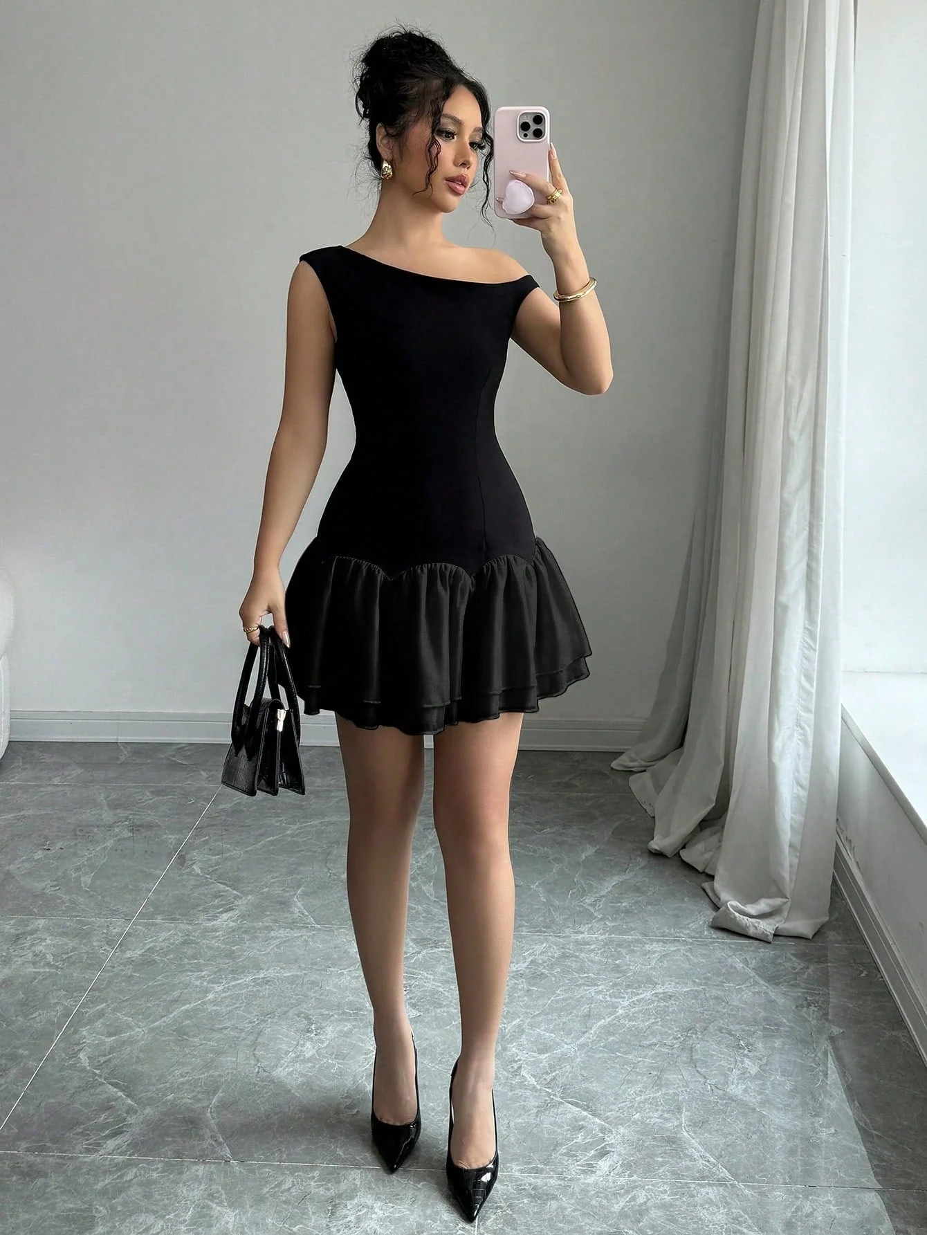 Dark And Light Color Block Woven Twill Splicing Organza Design Sleeveless Asymmetric Off-Shoulder New Women's Black Short Dress - Image 9