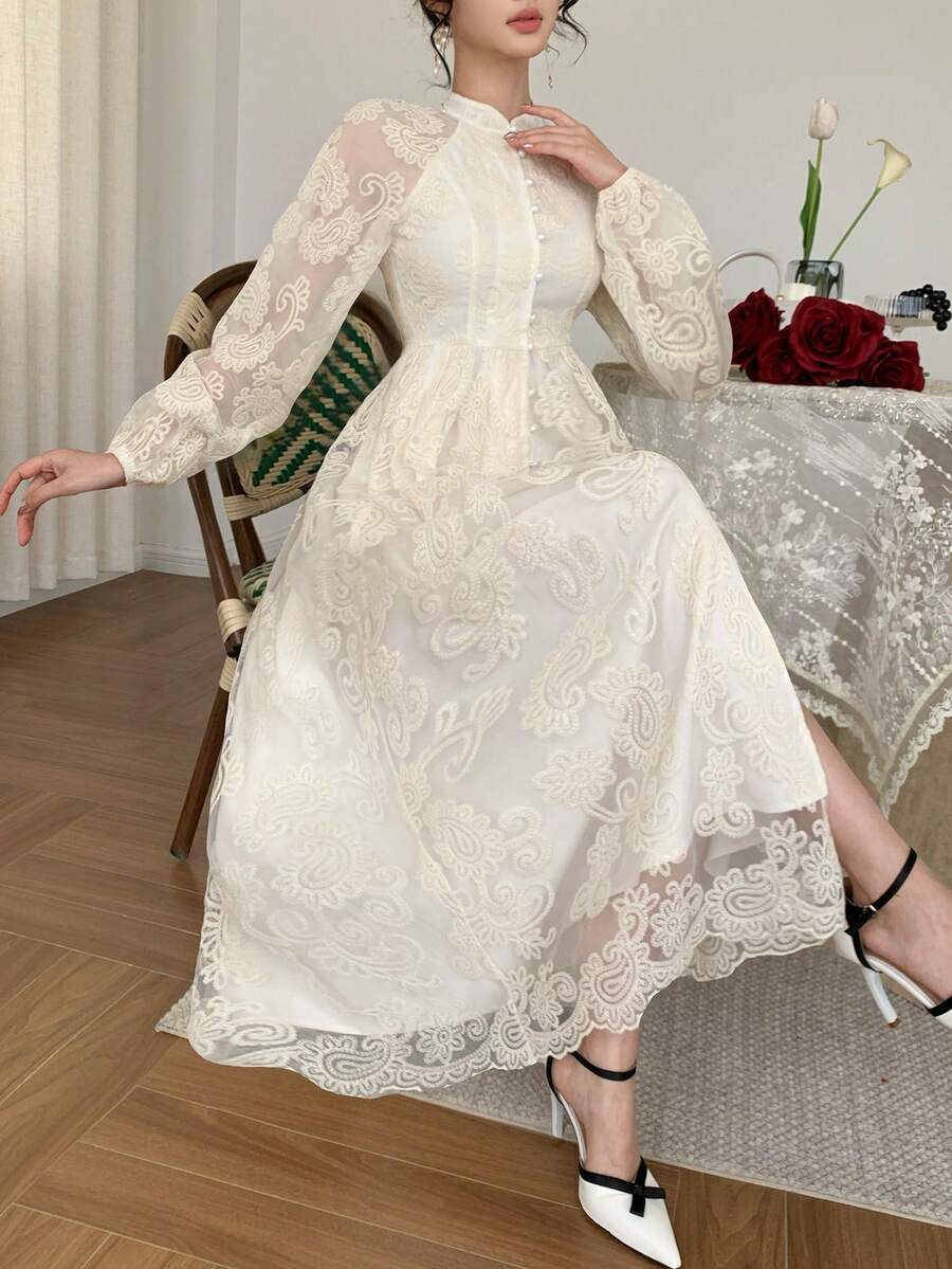 DAZY Elegant Waist-Cinched White Lace Dress, Suitable For Spring & Summer