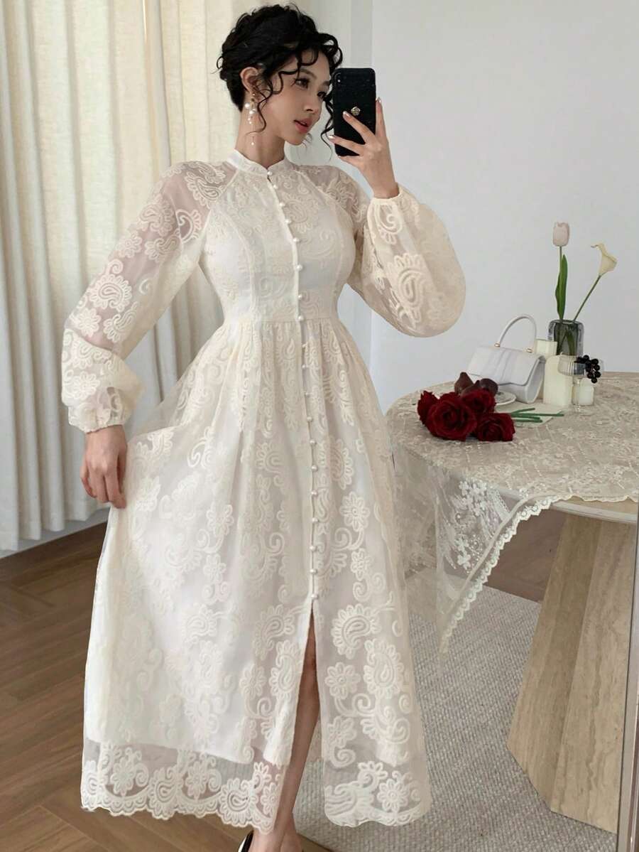 DAZY Elegant Waist-Cinched White Lace Dress, Suitable For Spring & Summer - Image 11