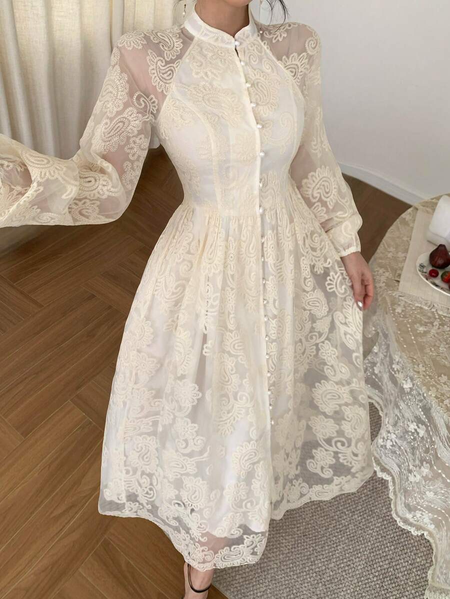 DAZY Elegant Waist-Cinched White Lace Dress, Suitable For Spring & Summer - Image 3