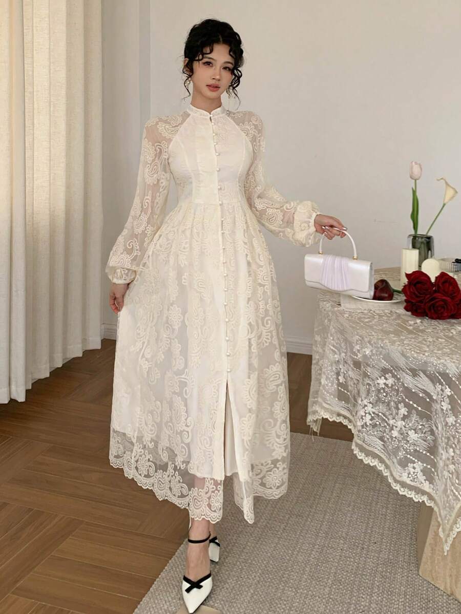 DAZY Elegant Waist-Cinched White Lace Dress, Suitable For Spring & Summer - Image 4