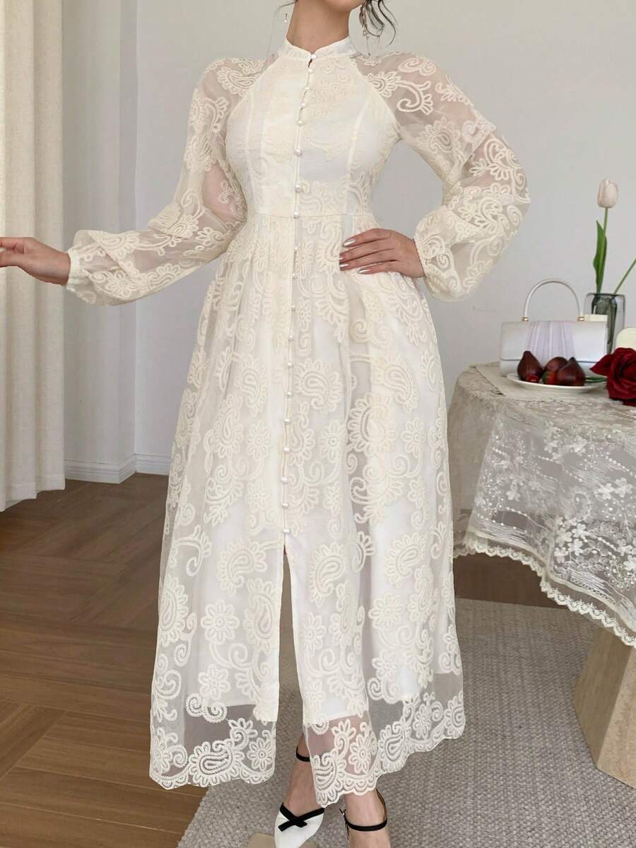 DAZY Elegant Waist-Cinched White Lace Dress, Suitable For Spring & Summer - Image 5