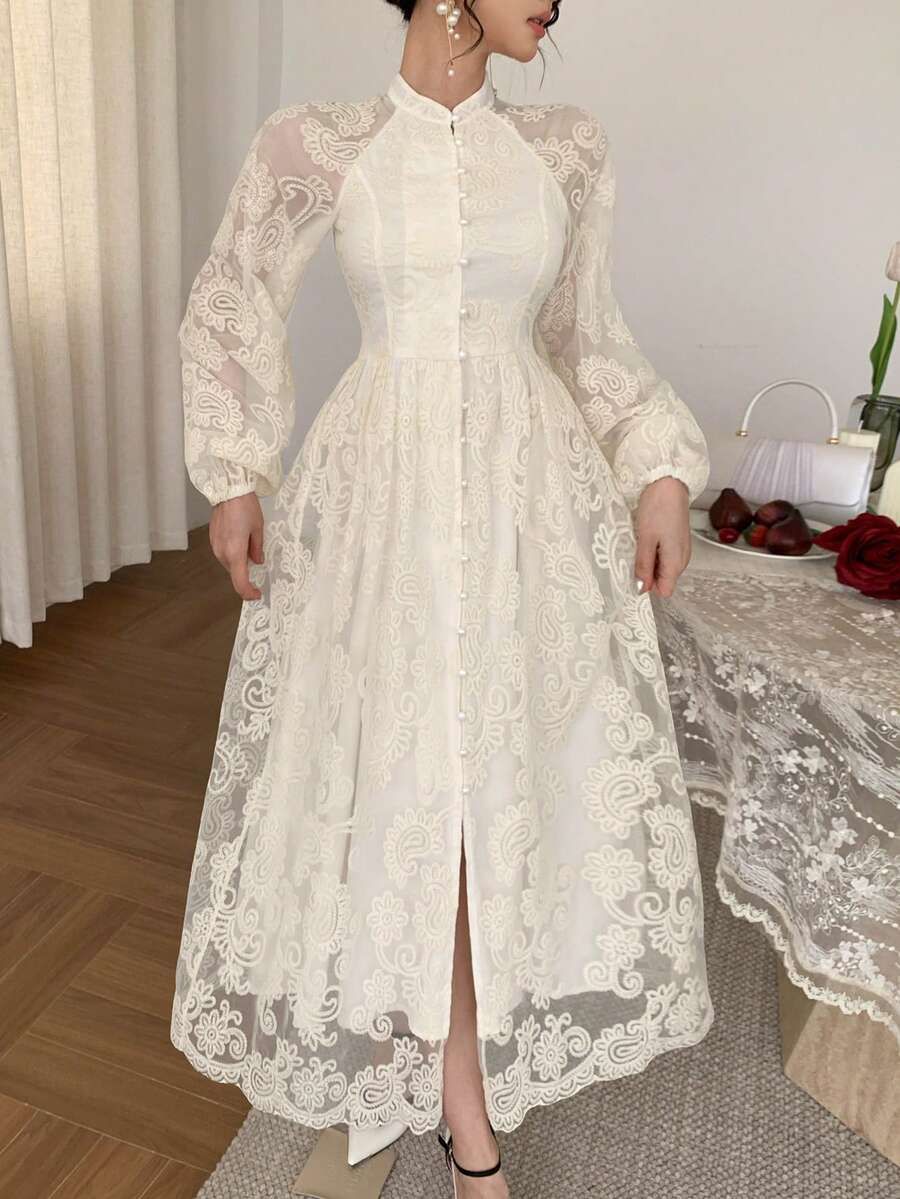 DAZY Elegant Waist-Cinched White Lace Dress, Suitable For Spring & Summer - Image 6