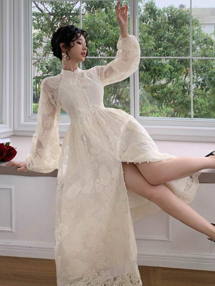DAZY Elegant Waist-Cinched White Lace Dress, Suitable For Spring & Summer - Image 7