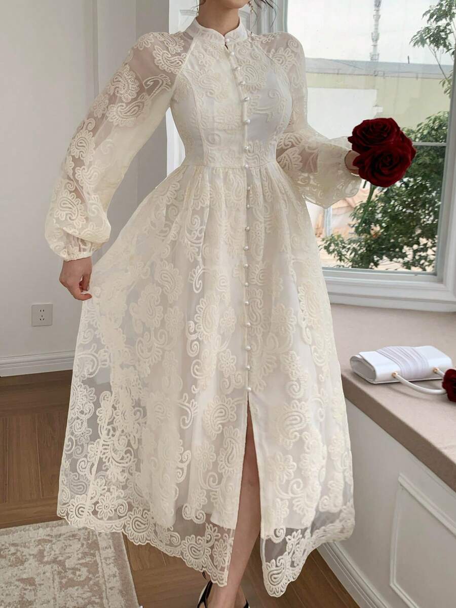 DAZY Elegant Waist-Cinched White Lace Dress, Suitable For Spring & Summer - Image 8