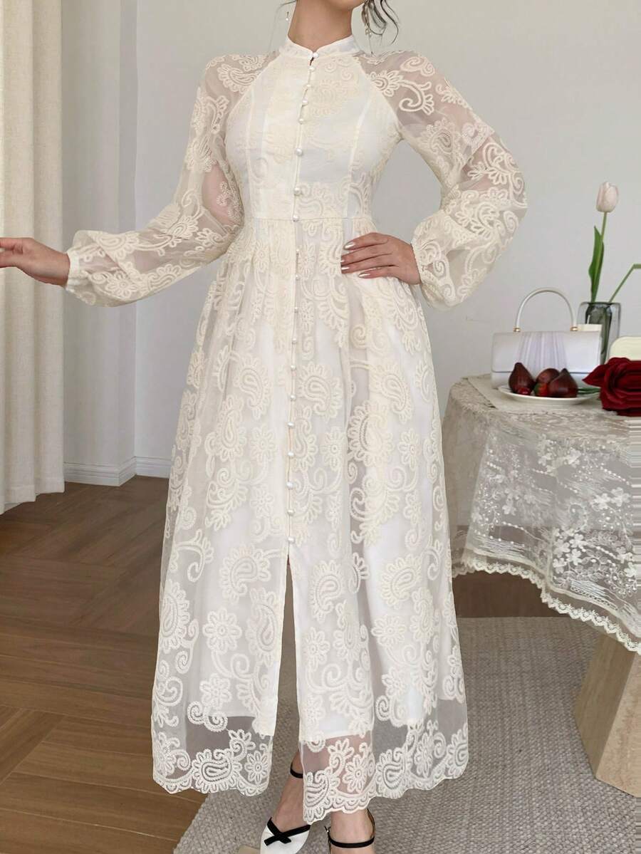 DAZY Elegant Waist-Cinched White Lace Dress, Suitable For Spring & Summer - Image 9