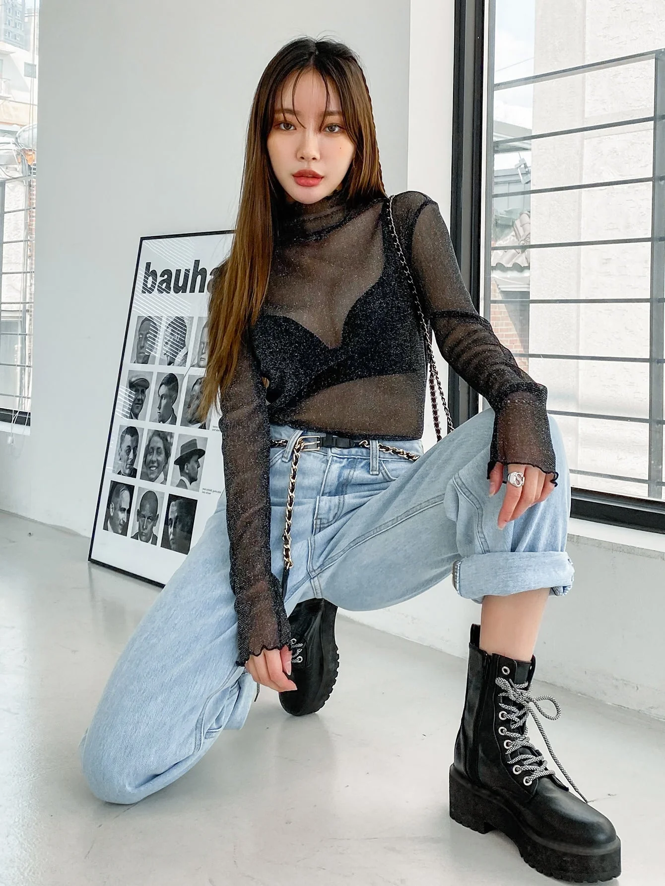 DAZY Lettuce Trim Mock Neck Mesh Top Without Bra - Image 3
