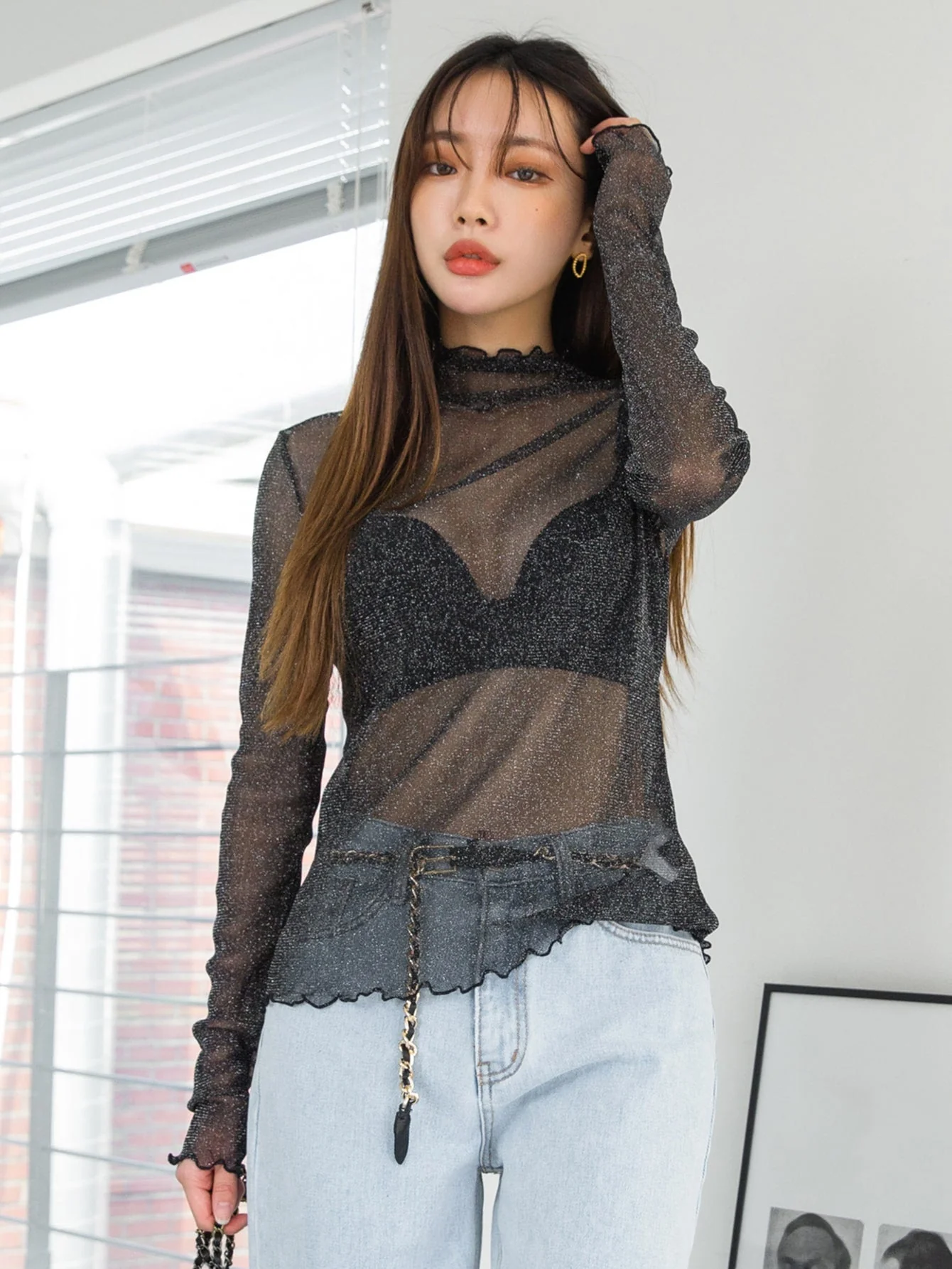 DAZY Lettuce Trim Mock Neck Mesh Top Without Bra - Image 4