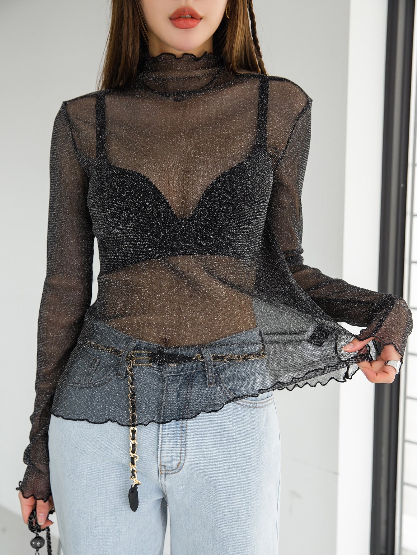 DAZY Lettuce Trim Mock Neck Mesh Top Without Bra - Image 5