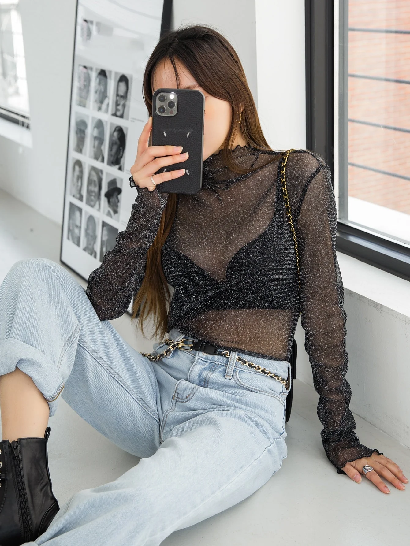 DAZY Lettuce Trim Mock Neck Mesh Top Without Bra - Image 7