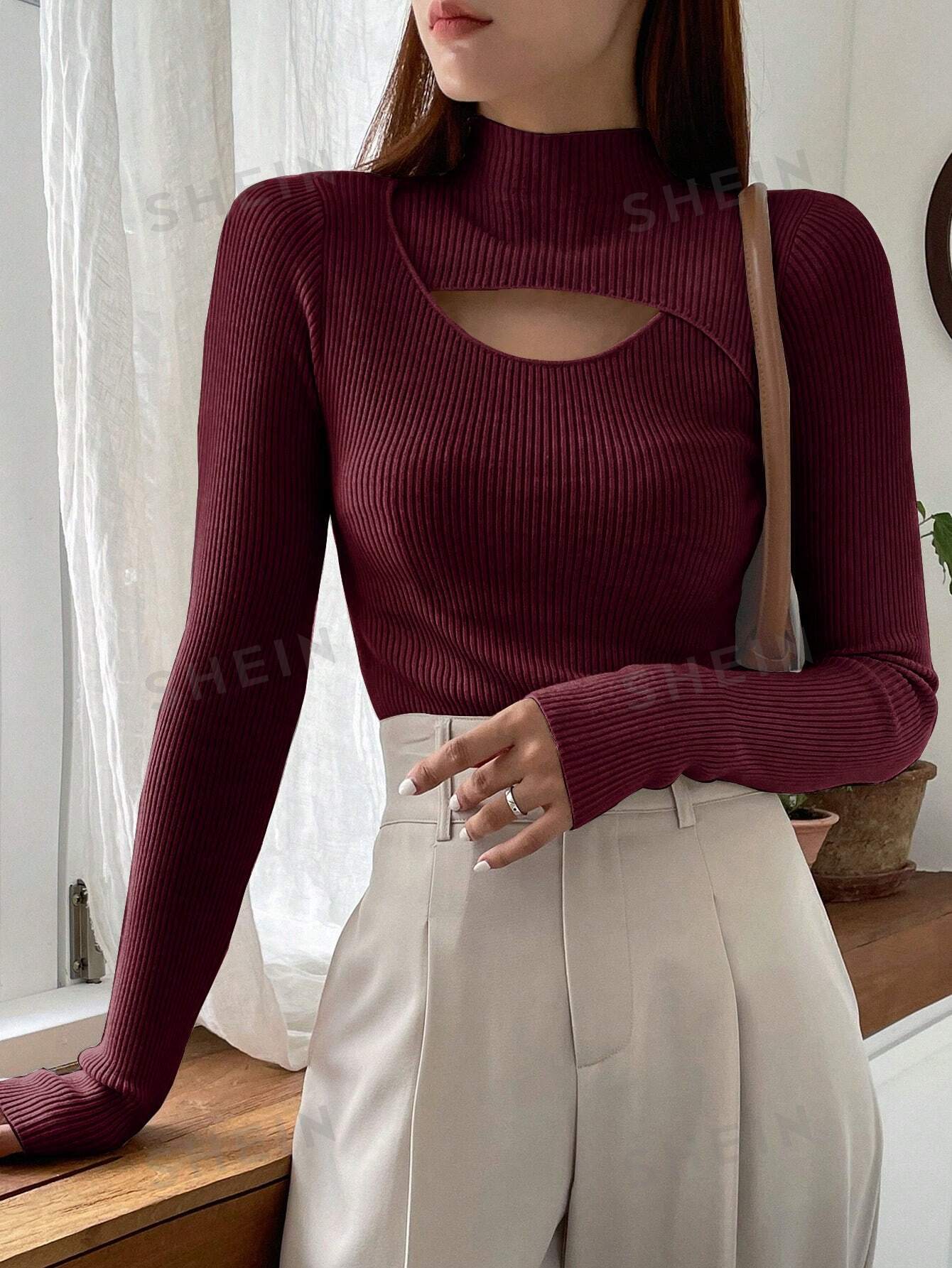 DAZY Solid Color Hollow Out Half Turtle Neck Sweater - Image 10